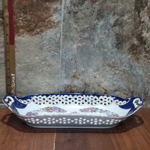 Vintage Cobalt Blue Rim & Pink Rose Porcelain Rectangular Reticulated Scalloped - Picture 11 of 11